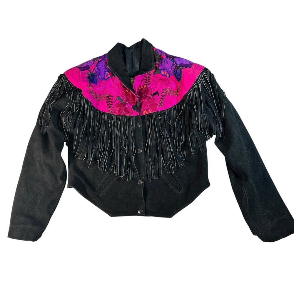 Vtg Chasser Fringe Leather Jacket Western Black Suede 90s Boho Womens L Cowgirl
